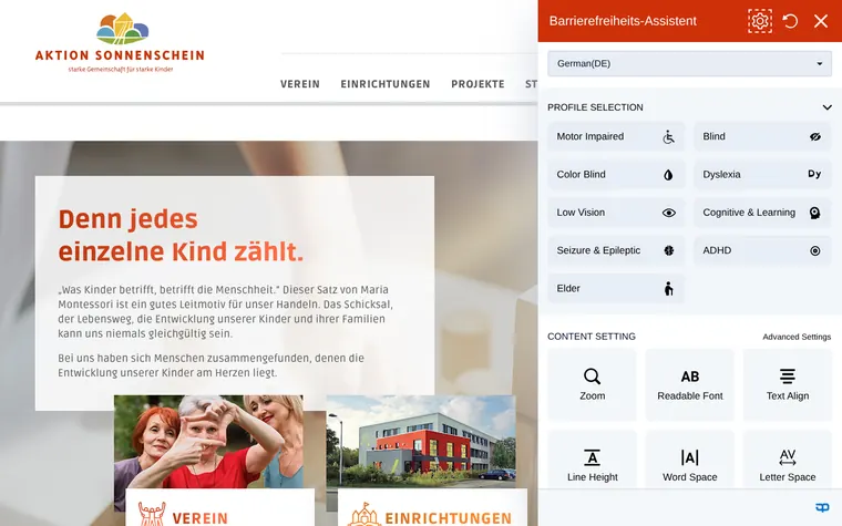 Aktion Sonnenschein homepage with the Accessibility Widget open