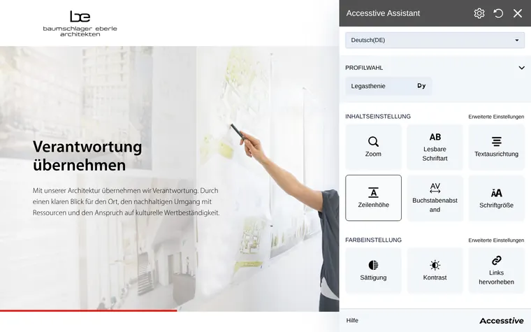 Baumschlager Eberle Architekten homepage with the Accessibility Widget open