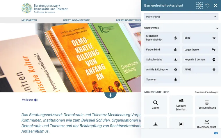 Beratungsnetzwerk Demokratie und Toleranz MV homepage with the Accessibility Widget open