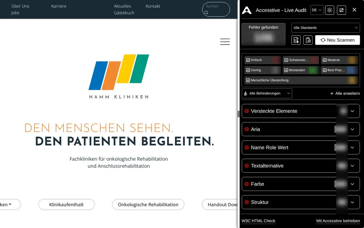 Rehabilitation clinics: homepage with the Live Audit panel open