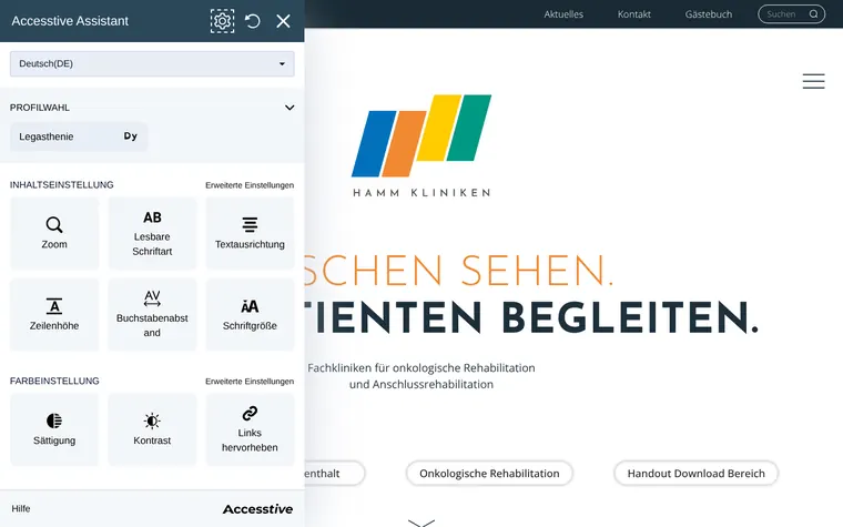 Hamm-Kliniken homepage with the Accessibility Widget open