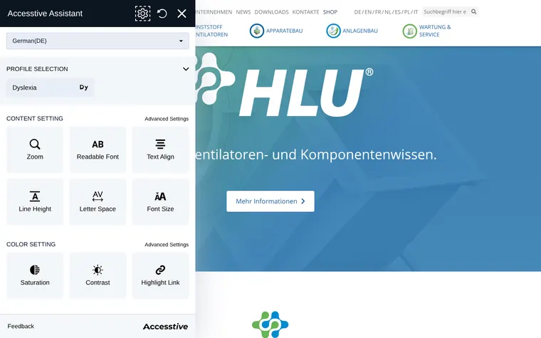 HLU Hürner Luft- und Umwelttechnik homepage with the Accessibility Widget open