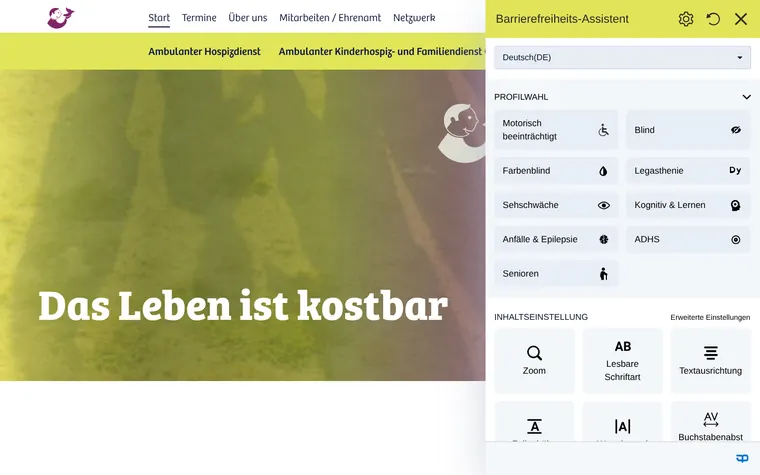 Hospizdienst Rostock homepage with the Accessibility Widget open