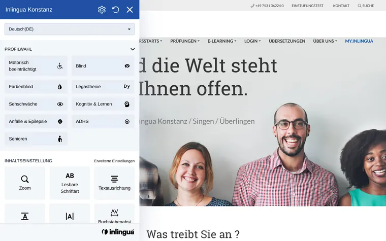inlingua Konstanz homepage with the Accessibility Widget open