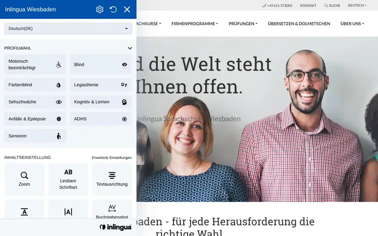 inlingua Wiesbaden homepage with the Accessibility Widget open