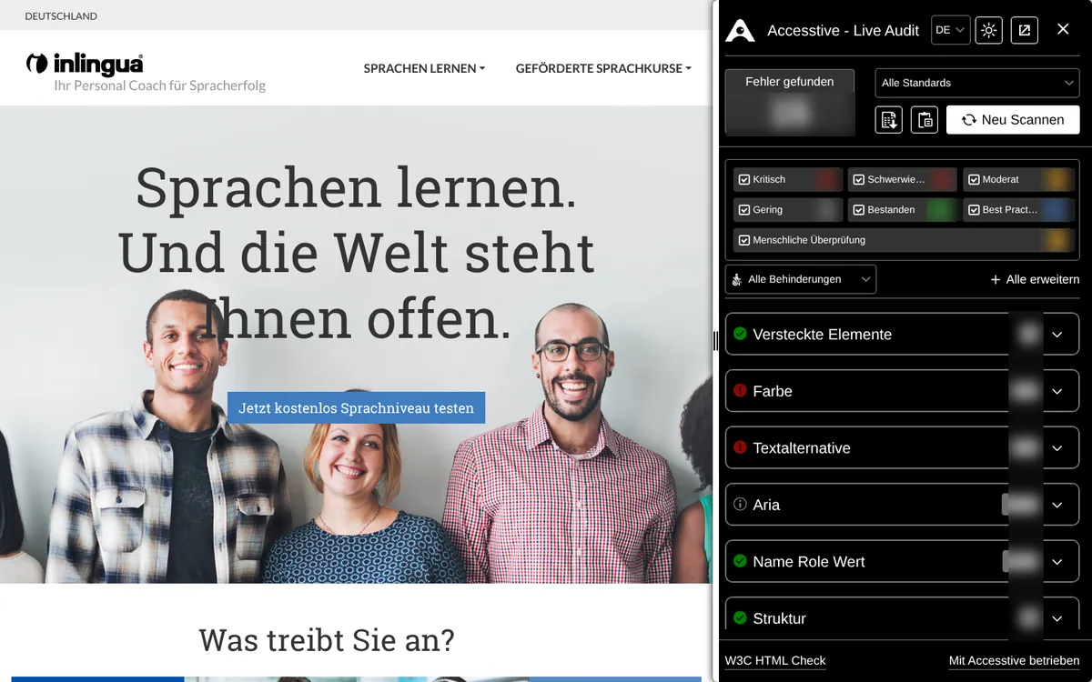 Language school network: homepage with the Live Audit panel open