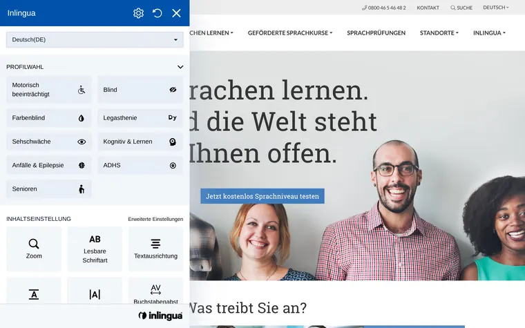 inlingua Deutschland homepage with the Accessibility Widget open