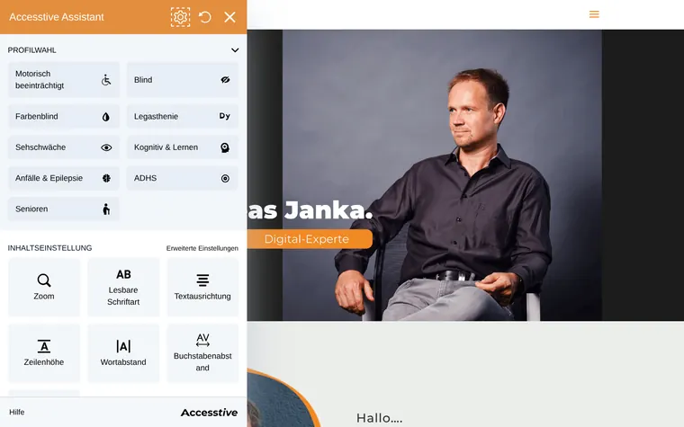 janka.digital homepage with the Accessibility Widget open
