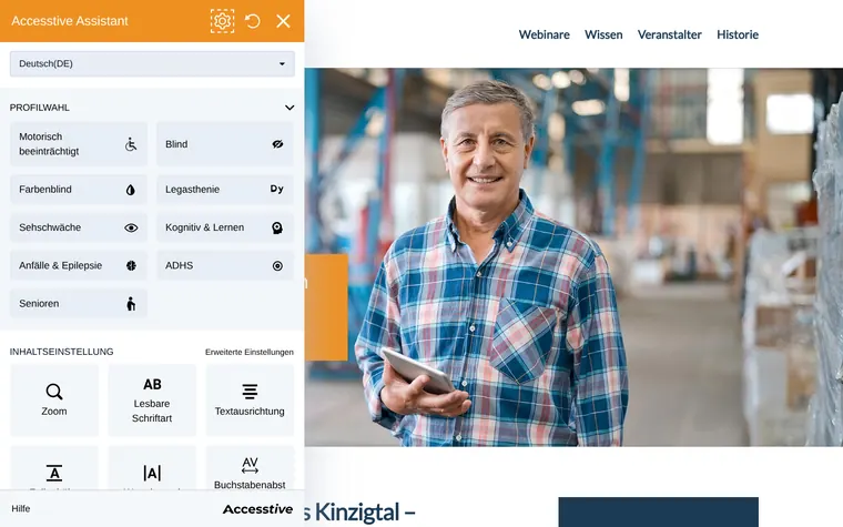 KINZIGTAL.digital homepage with the Accessibility Widget open