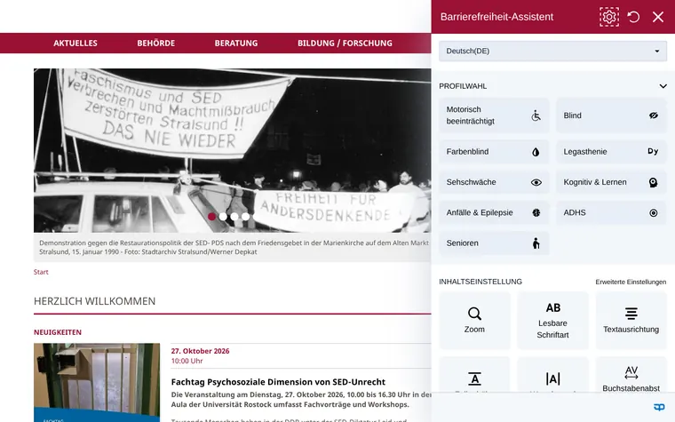 Landesbeauftragte für Mecklenburg-Vorpommern homepage with the Accessibility Widget open