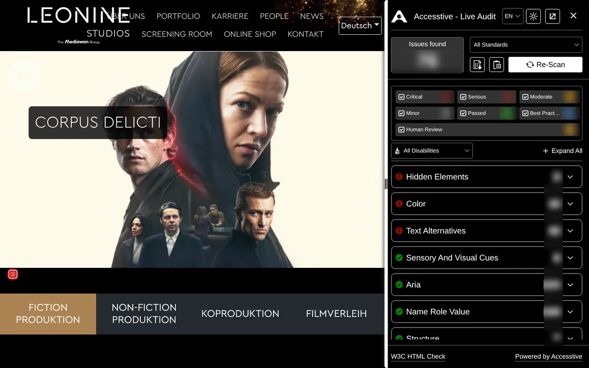 Film and TV studio: homepage with the Live Audit panel open