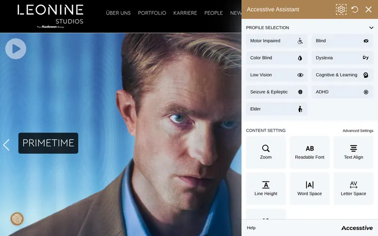 LEONINE Studios homepage with the Accessibility Widget open