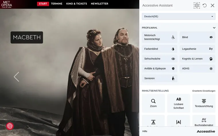 Metropolitan Opera im Kino homepage with the Accessibility Widget open