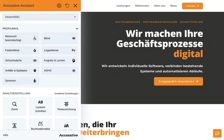 mp group homepage with the Accessibility Widget open