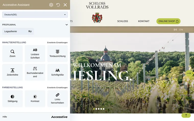 Schloss Vollrads homepage with the Accessibility Widget open