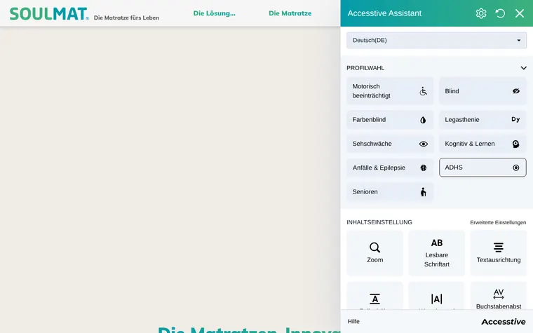 SOULMAT homepage with the Accessibility Widget open