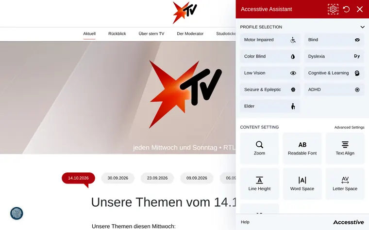 stern TV homepage with the Accessibility Widget open