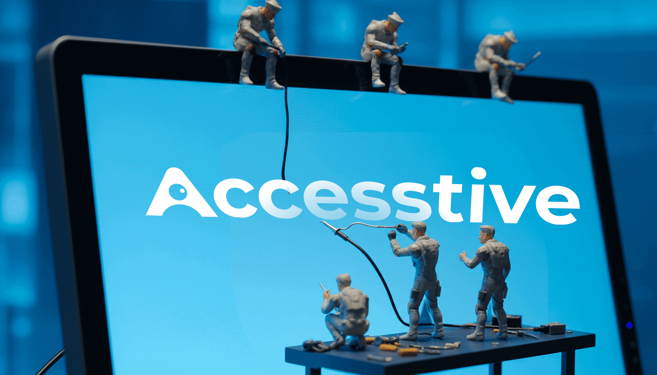 Miniature figures working on a computer screen displaying "Accessstive," with tools and wires on a table.
