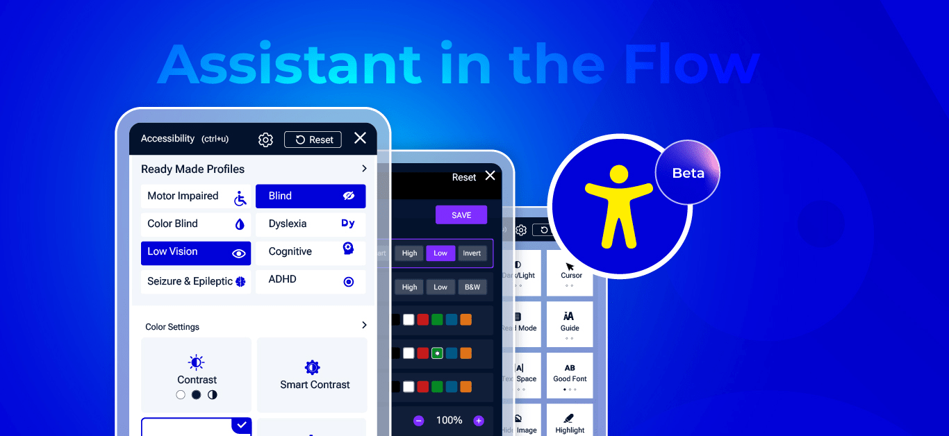 Accessibility settings interface with profiles for various impairments and color adjustment options.