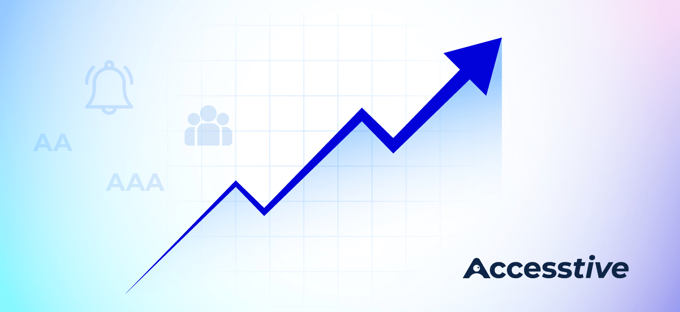 Graph showing a blue upward trend arrow, with icons for a bell, people, and text "Accessstive" on a gradient background.