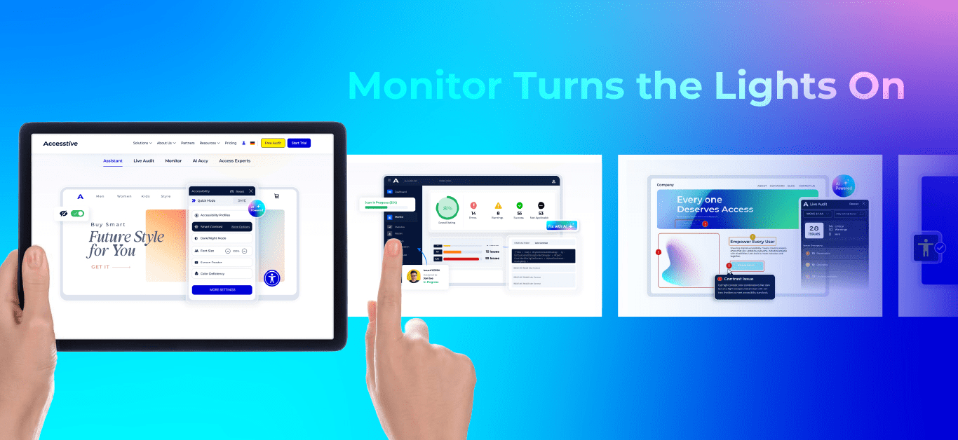 Illustration featuring a hand holding a tablet displaying various software interfaces and text about monitoring accessibility.