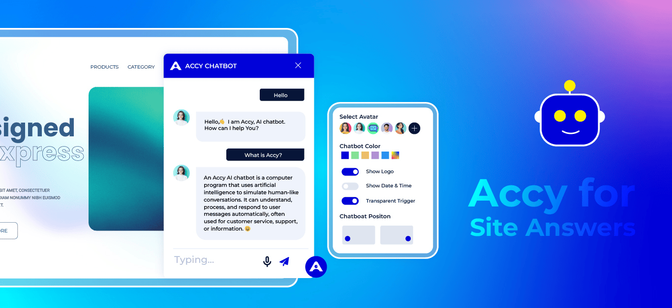 Chatbot interface with user interaction, options for avatar selection, and settings on a gradient background.