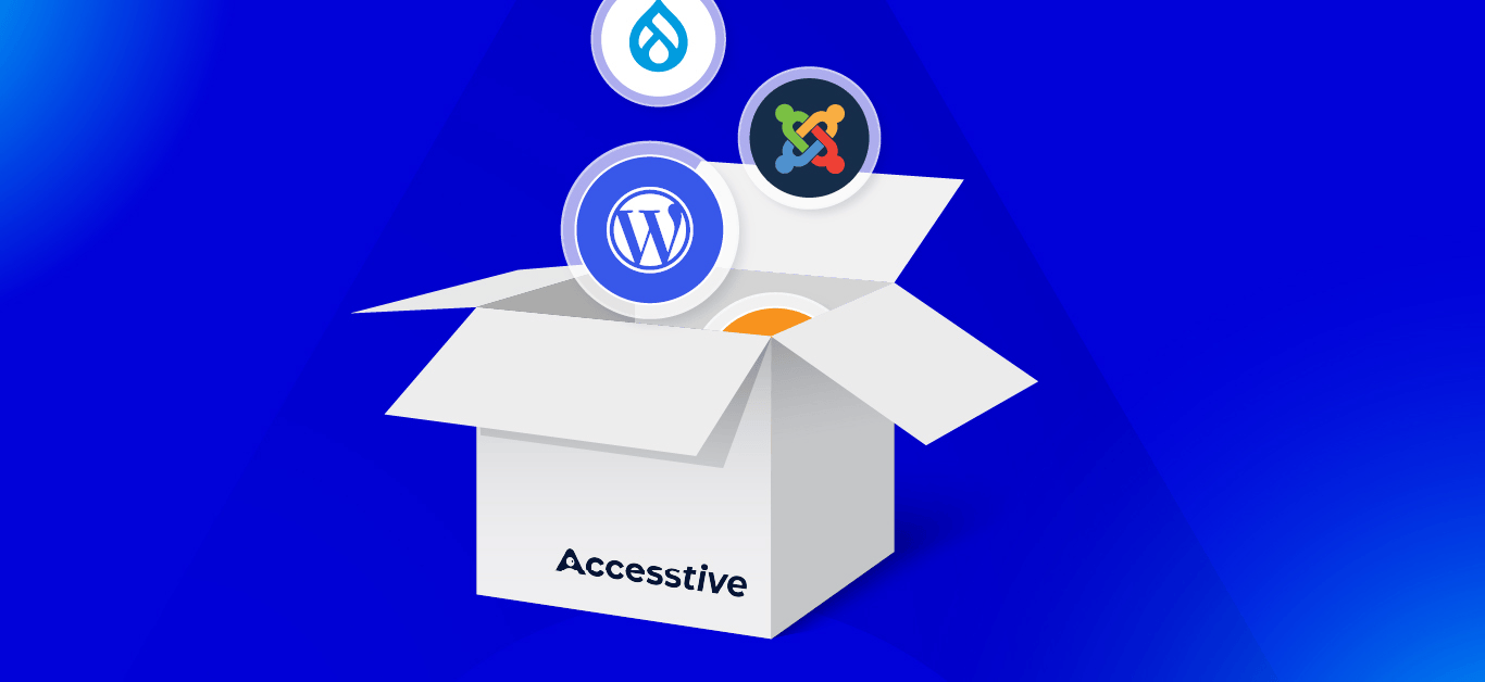 Open box with logos for Elementor, WordPress, Joomla, and Accessstive on a blue background.