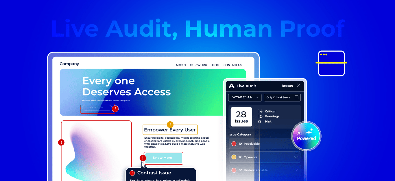 Website interface displaying a live audit tool with accessibility issues, including categories and counts.
