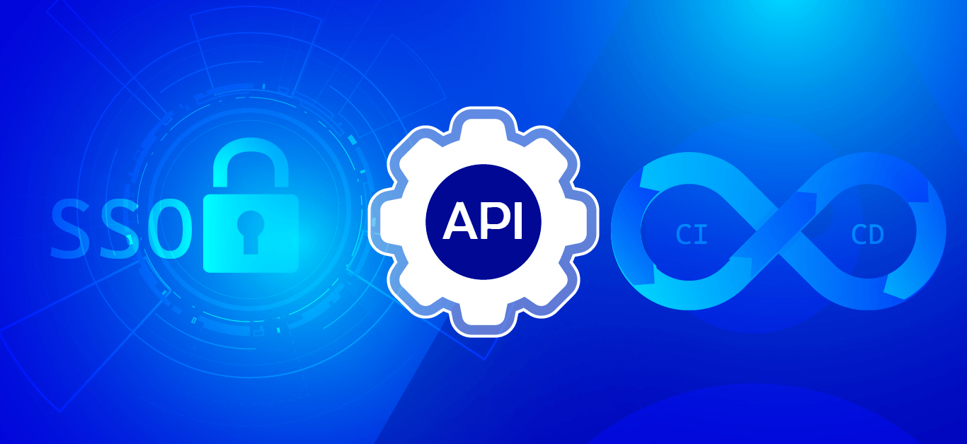 Blue background image showing SSO lock, API gear, and CI/CD loop symbols.