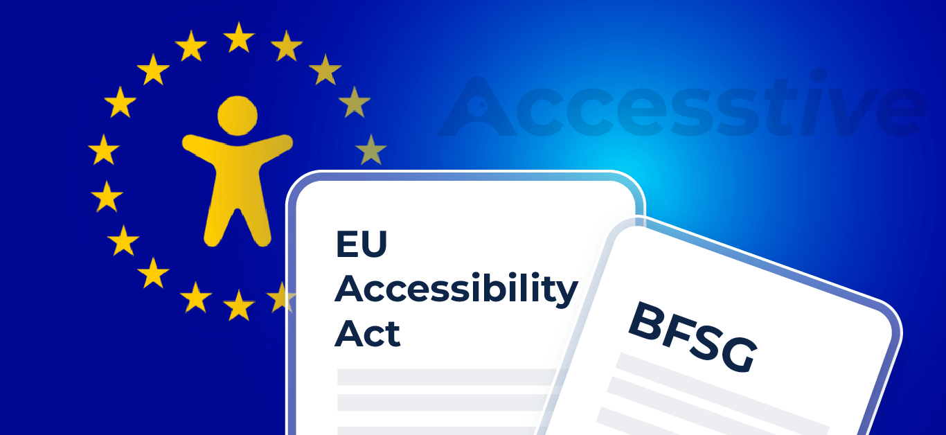EU Accessibility Act and BFSG documents with a blue background and a symbol of accessibility amid stars.