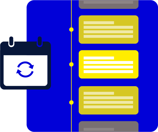 Calendar icon with a refresh symbol next to yellow and gray text boxes on a blue background.