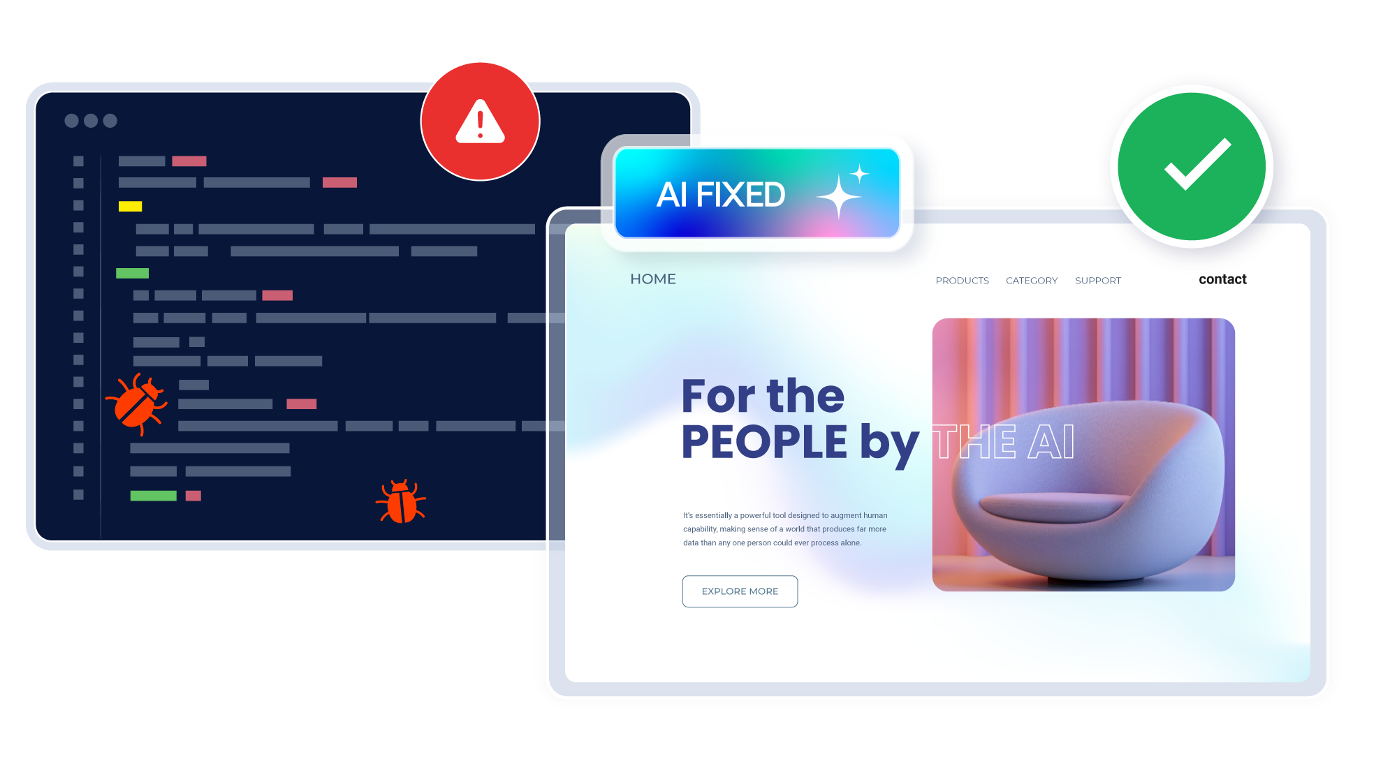AI-powered detection and auto-fix feature — code editor showing errors on the left transforming into a clean, fixed website on the right with "AI FIXED" badge